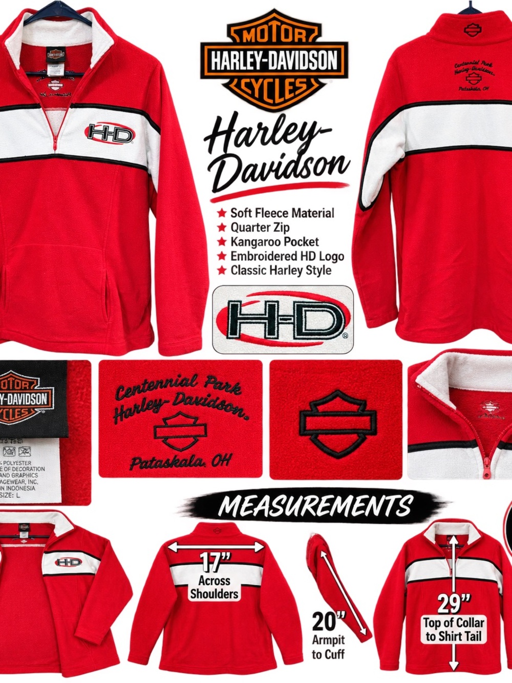 Harley-Davidson Red Women Quarter-Zip Fleece Pullover with White & Black Stripes
